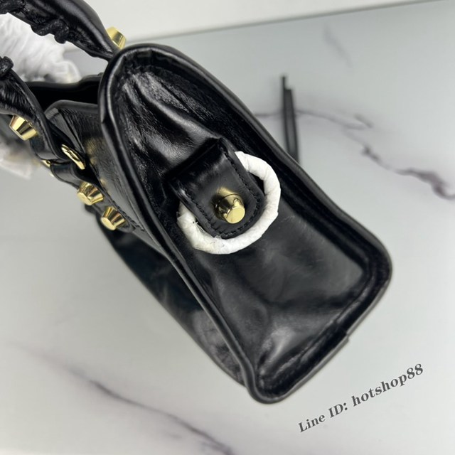 Balenciaga專櫃爆款手提女包 巴黎世家原版油蠟頭層牛皮香皮鳳梨金釘迷你機車包 fyj1341